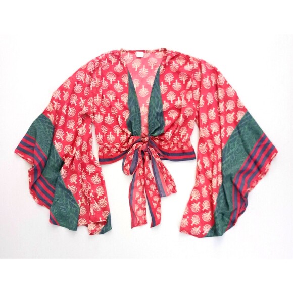 Boho Block Print Tie Front Crop Top Wide Flare Sleeves Plunge Neck Sz S/M - Picture 1 of 6